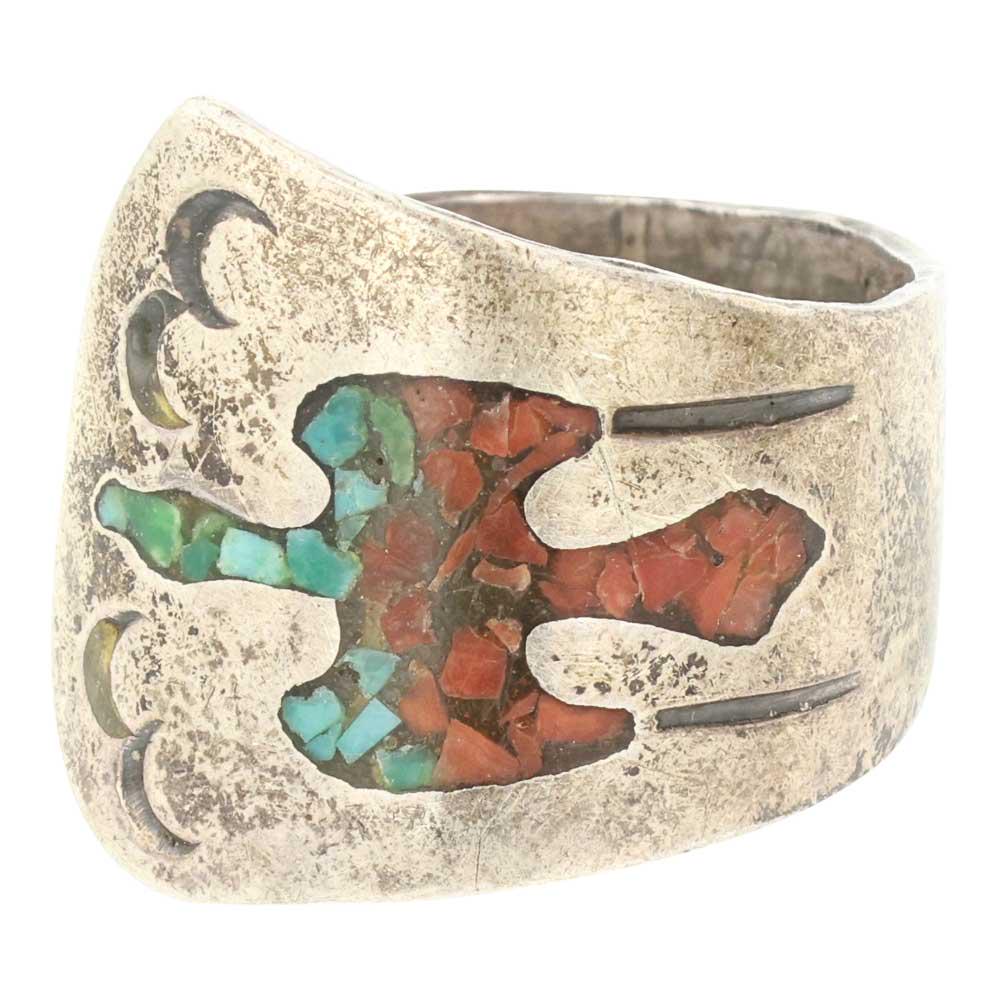 Vintage Navajo Turquoise & Coral Chip Inlay Peyote Bird Ring (1 of 4)