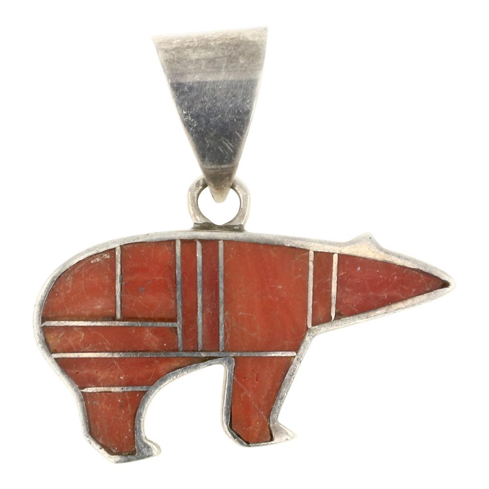 Vintage Navajo Coral Bear Inlay Pendant (1 of 2)