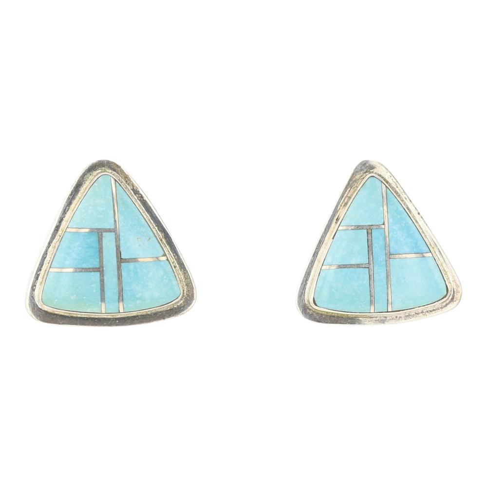Navajo Kingman Turquoise Inlay Earrings: Sterling Silver | Genuine Kingman Turquoise | Navajo Kingman Turquoise Inlay Earrings | Navajo Native American Southwest Indian Jewelry | Approximate Weight: 3 Grams | Dimensions: Earrings: .75" x .75