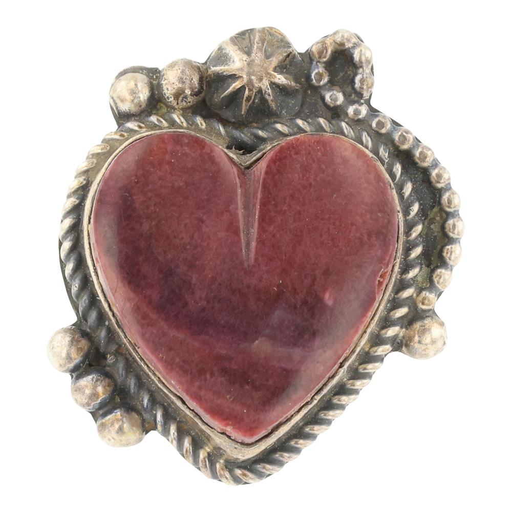 Dean Sandoval Jr. Navajo Purple Spiny Oyster Heart Ring: Sterling Silver | Genuine Purple Spiny Oyster | Dean Sandoval Jr. Navajo Purple Spiny Oyster Heart Ring | Navajo Native American Southwest Indian Jewelry | Approximate Weight: 11 Grams | Dimensions: R