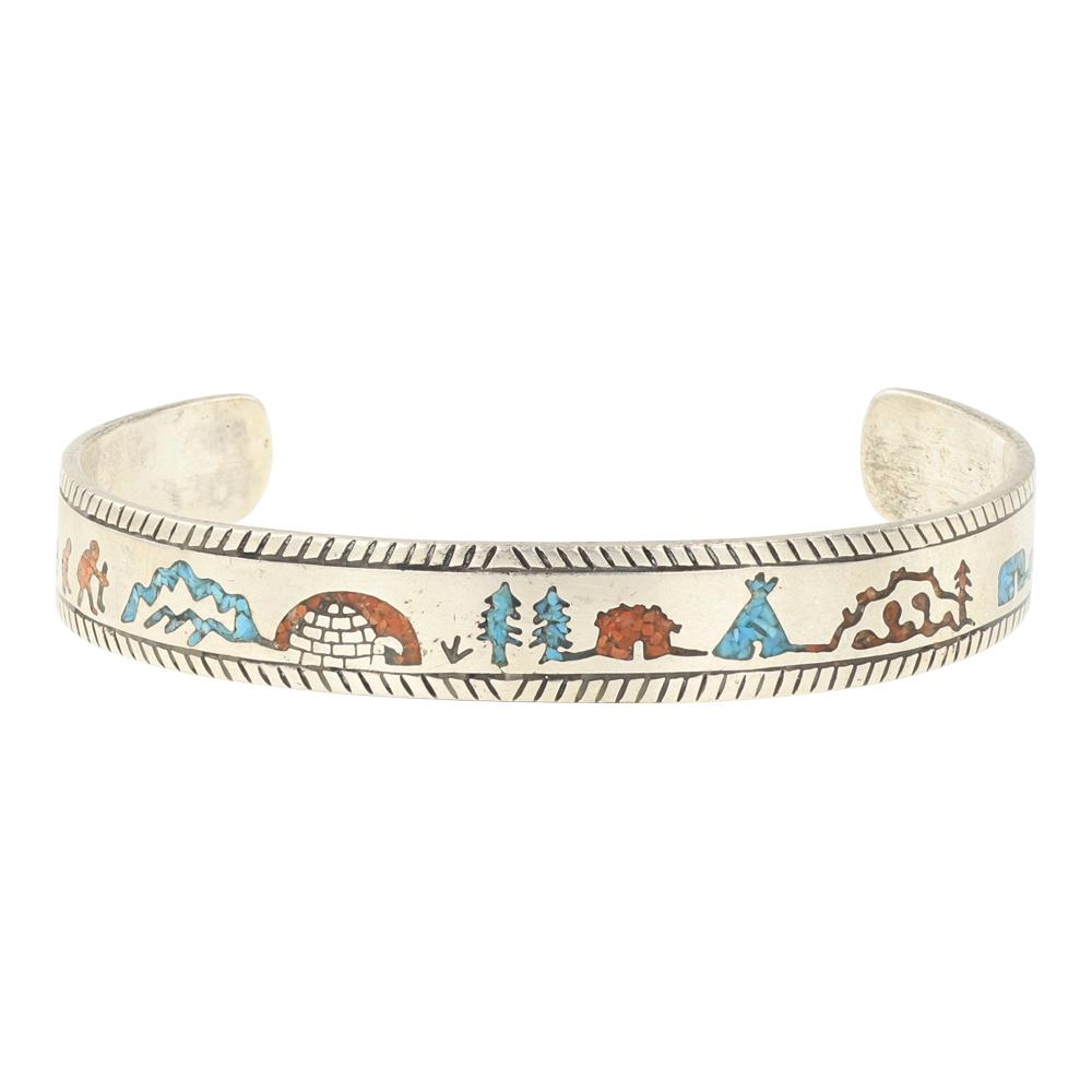 Navajo Turquoise & Coral Chip Inlay Story Teller Bracelet: Sterling Silver | Genuine Turquoise & Coral | Navajo Turquoise & Coral Chip Inlay Story Teller Bracelet | Navajo Native American Southwest Indian Jewelry | Approximate Weight: 20 Grams | Dimensions: B