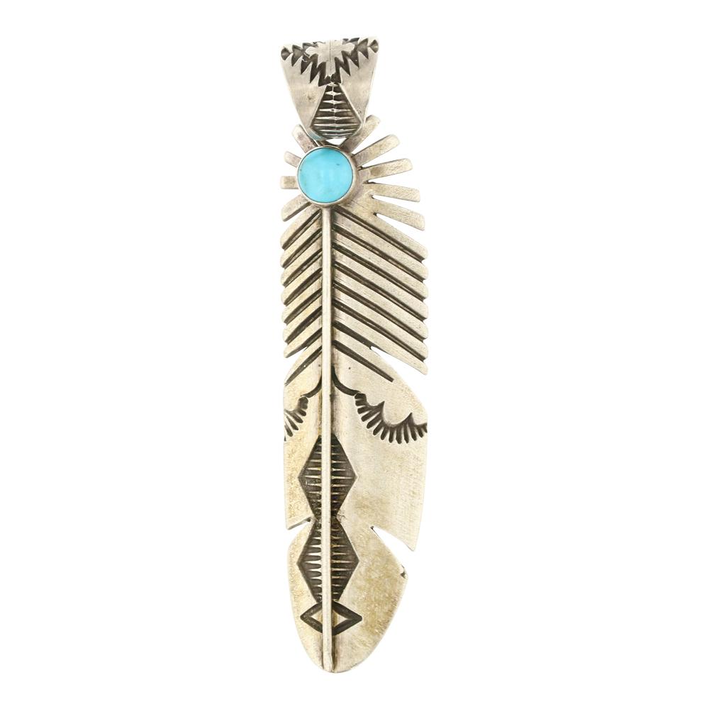 John Nelson Kingman Turquoise Feather Pendant: Sterling Silver | Genuine Kingman Turquoise | John Nelson Kingman Turquoise Feather Pendant | Navajo Native American Southwest Indian Jewelry | Approximate Weight: 9 Grams | Dimensions: Pendant: .75" 