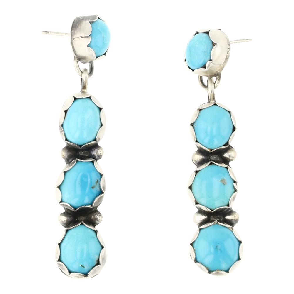 Sheila Becenti Kingman Turquoise Earrings: Sterling Silver | Genuine Kingman Turquoise | Sheila Becenti Kingman Turquoise Earrings | Navajo Native American Southwest Indian Jewelry | Approximate Weight: 12 Grams | Dimensions: Earrings: .5" x 2