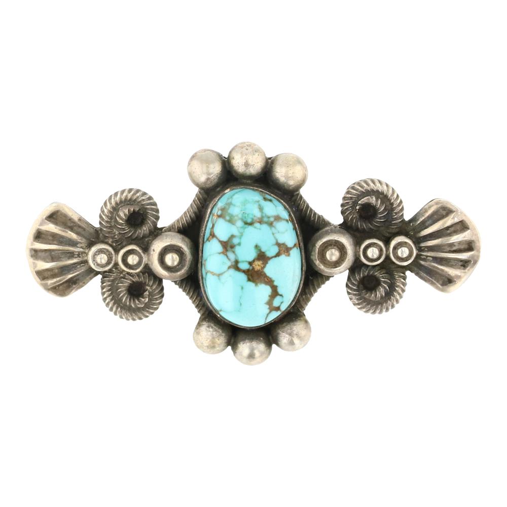 Darrel Cadman Pilot Mountain Turquoise Pin: Sterling Silver | Genuine Pilot Mountain Turquoise | Darrel Cadman Pilot Mountain Turquoise Pin | Navajo Native American Southwest Indian Jewelry | Approximate Weight: 10 Grams | Dimensions: Pin: 2" x