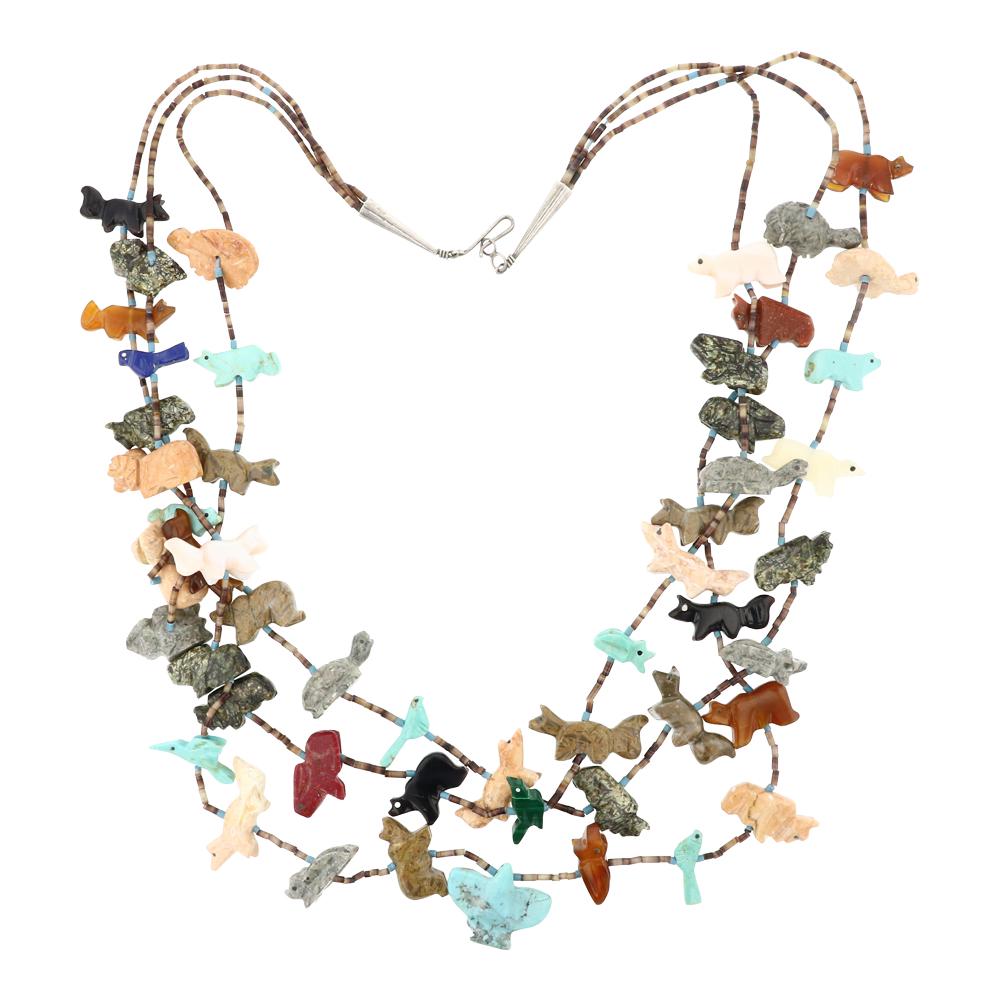 Zuni Three Strand Turquoise Coral Shell & Jasper Carved Fetish Necklace (1 of 3)