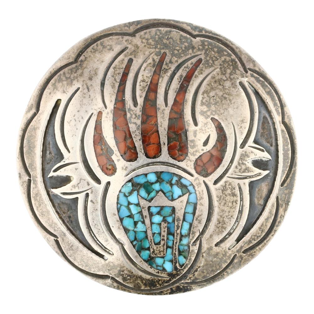 Thomas Singer Vintage Early Work Turquoise & Coral Chip Inlay Bear Paw Pin & Pendant (1 of 2)