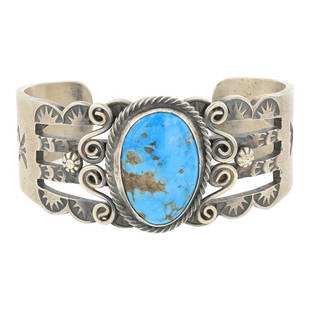 Robert Johnson Blue Ridge Turquoise Cuff Bracelet: Sterling Silver | Genuine Blue Ridge Turquoise | Robert Johnson Blue Ridge Turquoise Cuff Bracelet | Navajo Native American Southwest Indian Jewelry | Approximate Weight: 71 Grams | Dimensions: Bracel