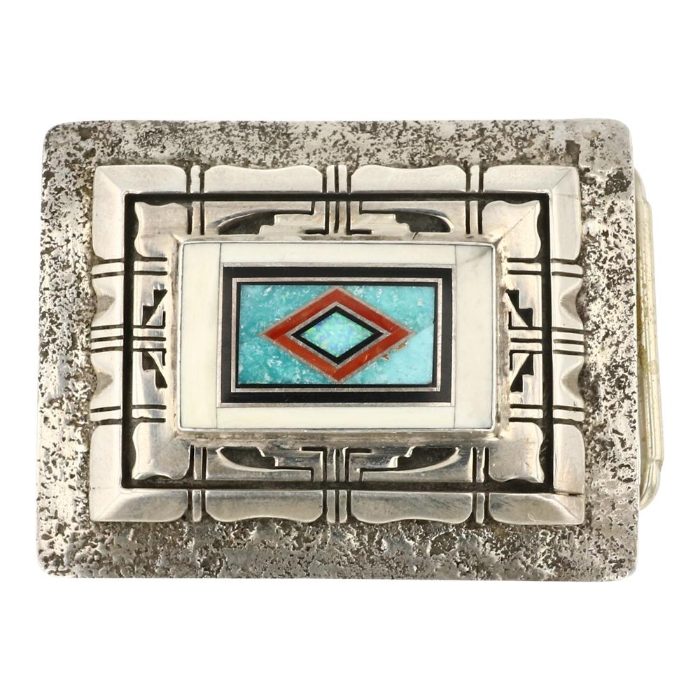 Gilbert Nelson Navajo Turquoise Coral & Synthetic Opal Stacked Belt Buckle (1 of 2)
