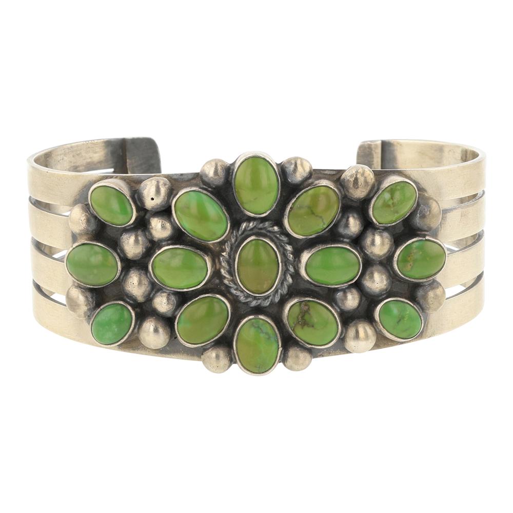 Navajo Royston Turquoise Cluster Cuff Bracelet: Sterling Silver | Genuine Royston Turquoise | Navajo Royston Turquoise Cluster Cuff Bracelet | Navajo Native American Southwest Indian Jewelry | Approximate Weight: 64 Grams | Dimensions: Bracelet: 6"
