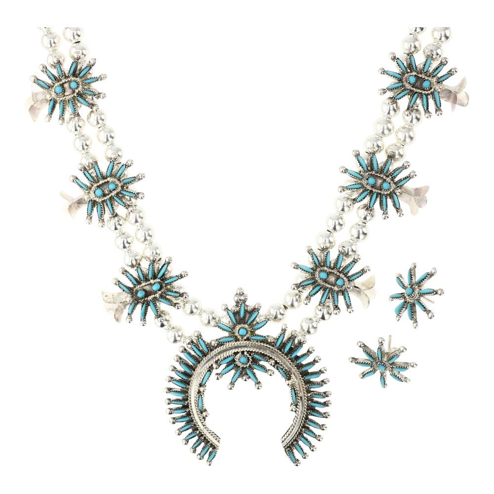 Zuni Turquoise Needlepoint Turquoise Squash Blossom Necklace & Earrings Set (1 of 3)