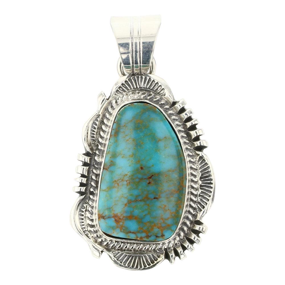 Wilbert Denetdale Pilot Mountain Turquoise Pendant: Sterling Silver | Genuine Pilot Mountain Turquoise | Wilbert Denetdale Pilot Mountain Turquoise Pendant | Navajo Native American Southwest American Indian Jewelry | Approximate Weight: 7 Grams | Dimen