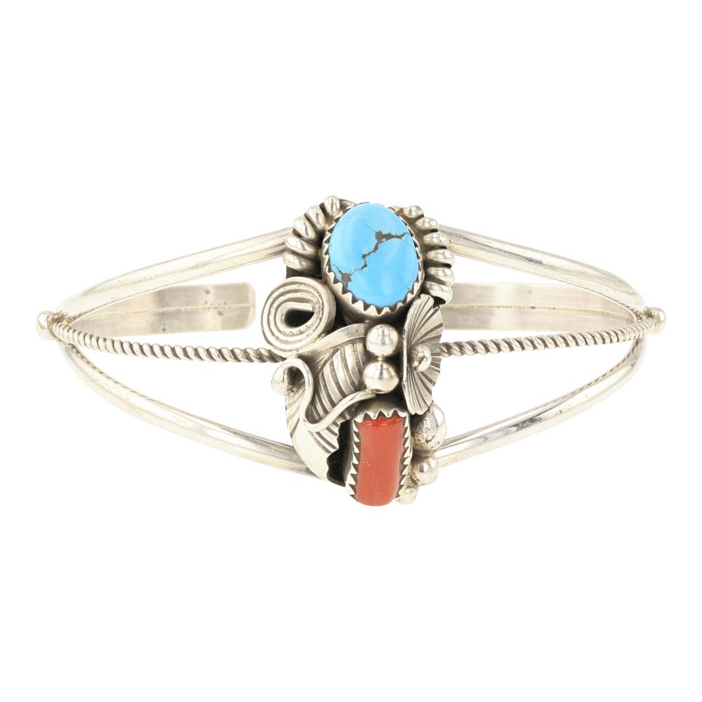 Max Calabaza Navajo Turquoise & Coral Bracelet: Sterling Silver | Genuine Turquoise & Coral | Max Calabaza Navajo Turquoise & Coral Bracelet | Navajo Native American Southwest American Indian Jewelry | Approximate Weight: 13 Grams | Dimensions: Bra