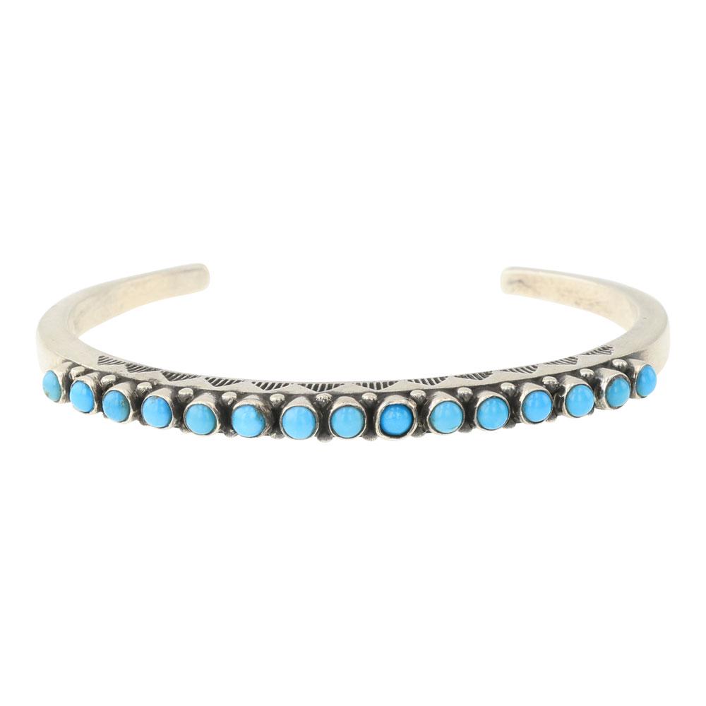 Navajo Sleeping Beauty Turquoise Row Cuff Bracelet: Sterling Silver | Genuine Sleeping Beauty Turquoise | Navajo Sleeping Beauty Turquoise Row Cuff Bracelet | Navajo Native American Southwest American Indian Jewelry | Approximate Weight: 22 Grams | Dim