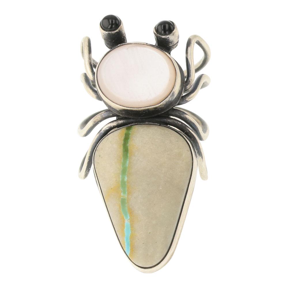 Herbert Ration Boulder Turquoise Pink Mussel Shell & Black Onyx Spider Ring (1 of 3)