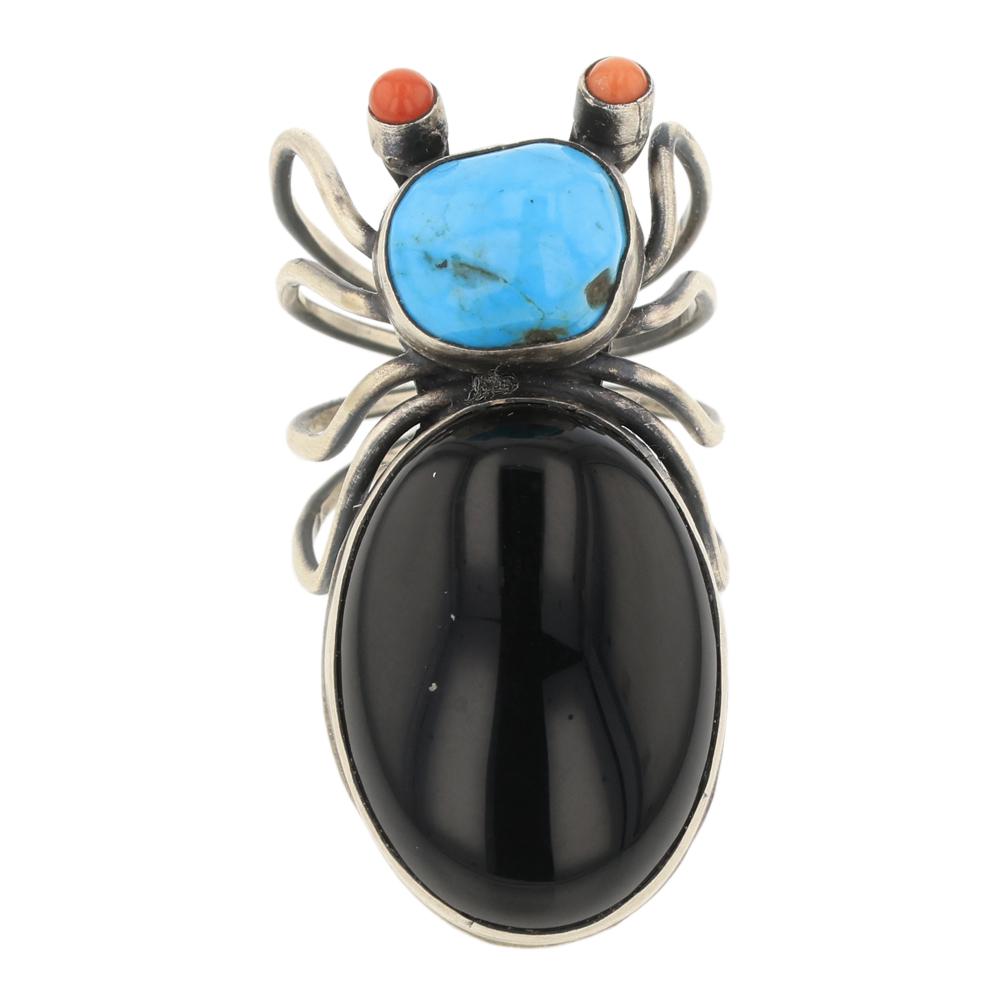 Herbert Ration Kingman Turquoise Coral & Black Onyx Spider Ring (1 of 3)