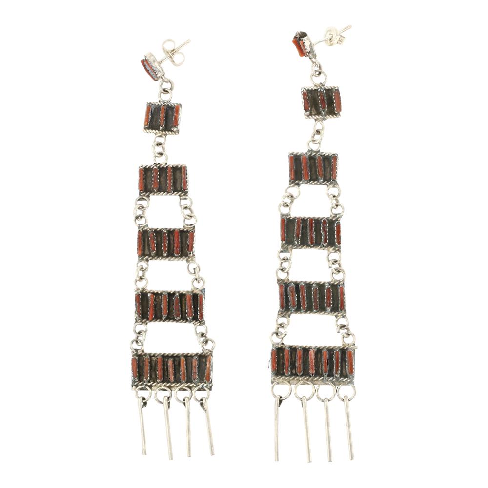 Vintage Zuni Coral Needlepoint Chandelier Earrings: Sterling Silver | Genuine Coral | Vintage Zuni Coral Needlepoint Chandelier Earrings | Zuni Native American Southwest American Indian Jewelry | Approximate Weight: 9 Grams | Dimensions: Earrings: .75"