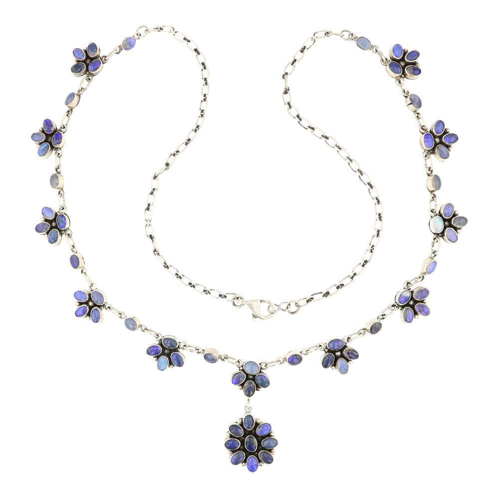 Eleanor Largo Australian Opal Cluster Necklace: Sterling Silver | Genuine Australian Opal | Eleanor Largo Australian Opal Cluster Necklace | Navajo Native American Southwest American Indian Jewelry | Approximate Weight: 48 Grams | Dimensions: Neckl