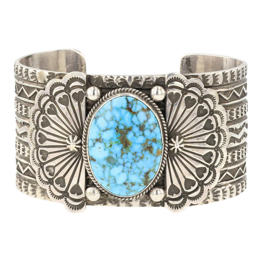 Navajo Turquoise Mountain Turquoise Stamp Work Cuff Bracelet (1 of 4)
