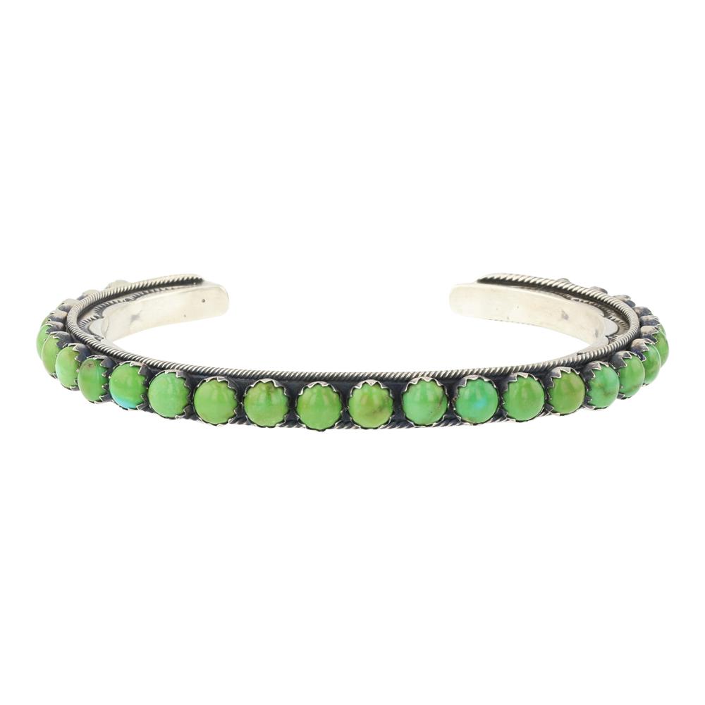 Mark Yazzie Sonoran Gold Turquoise Row Cuff Bracelet: Sterling Silver | Genuine Sonoran Gold Turquoise | Mark Yazzie Sonoran Gold Turquoise Row Cuff Bracelet | Navajo Native American Southwest American Indian Jewelry | Approximate Weight: 34 Grams | Dime