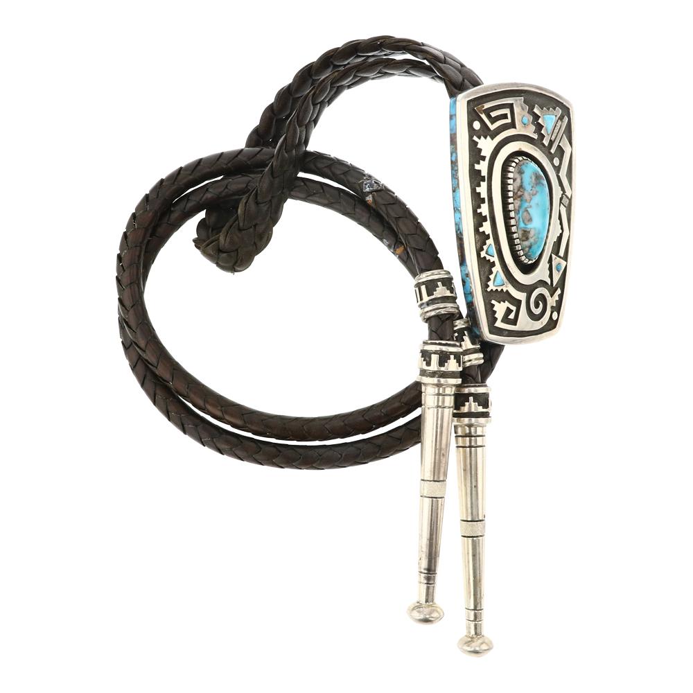 Michael Perry Nevada Turquoise Inlay Stone Work Detailed Bolo Tie (1 of 4)