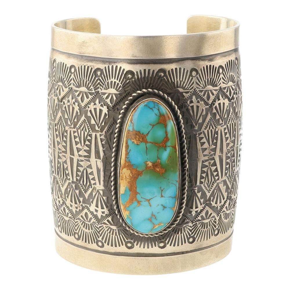 Dakota Willie Navajo Royston Turquoise Extra Wide Stamp work Cuff Bracelet (1 of 4)