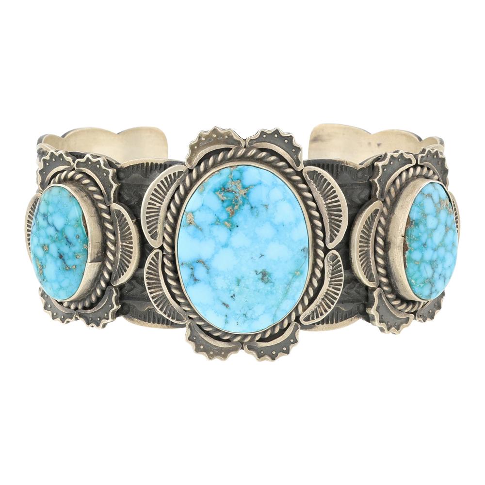 Harold Joe Water Web Kingman Turquoise Stamp Work Cuff Bracelet (1 of 4)