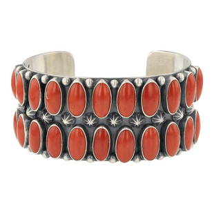 Robert Johnson High Grade Coral Long Oval Stamp Row Cuff Bracelet: Sterling Silver | Genuine High Grade Mediterranean Coral | Robert Johnson High Grade Coral Long Oval Stamp Row Cuff Bracelet | Navajo Native American Southwest Indian Jewelry | Approximate Weight: 107