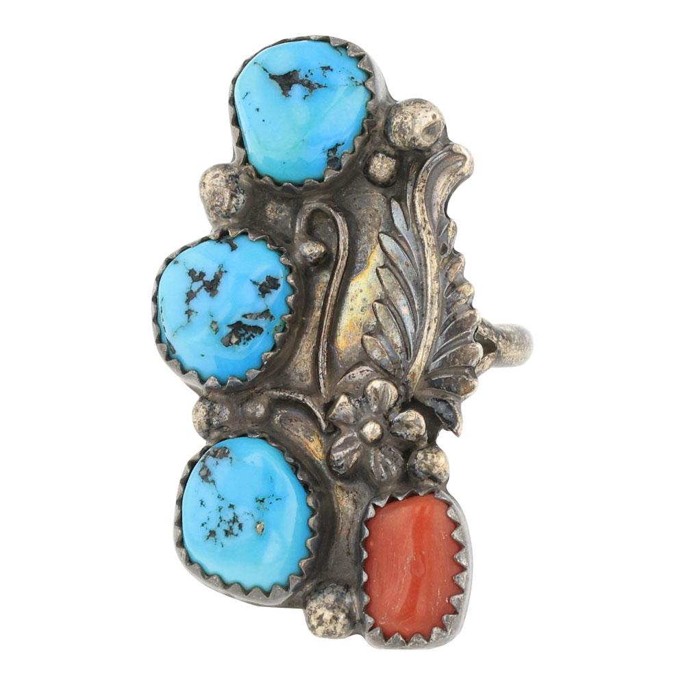 Vintage Navajo Sleeping Beauty Nugget Turquoise & Coral Ring (1 of 3)