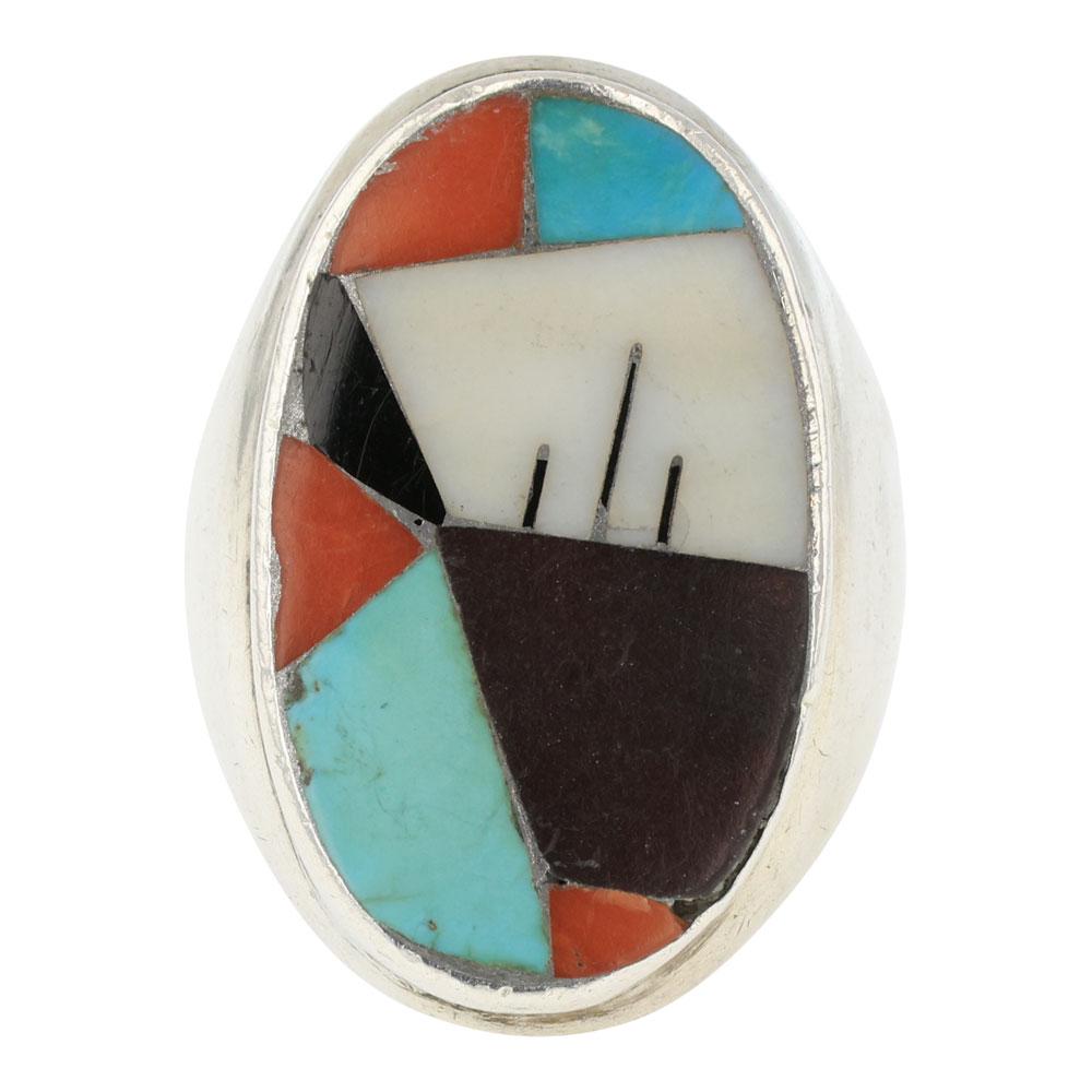 Zuni Turquoise Coral & Mother of Pearl Men's Ring: Sterling Silver | Genuine Turquoise, Coral & Mother of Pearl | Zuni Turquoise Coral & Mother of Pearl Men's Ring | Zuni Native American Southwest Indian Jewelry | Approximate Weight: 35 Grams | Dimens