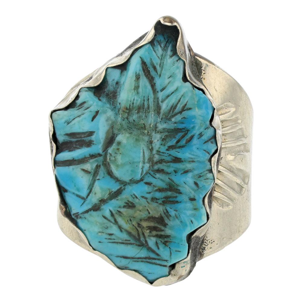 Vintage Nevada Turquoise Carved Ring: Sterling Silver | Genuine Nevada Turquoise | Vintage Nevada Turquoise Carved Ring | Navajo Native American Southwest Indian Jewelry | Approximate Weight: 12 Grams | Dimensions: Ring: 11.25 size, 1.25"