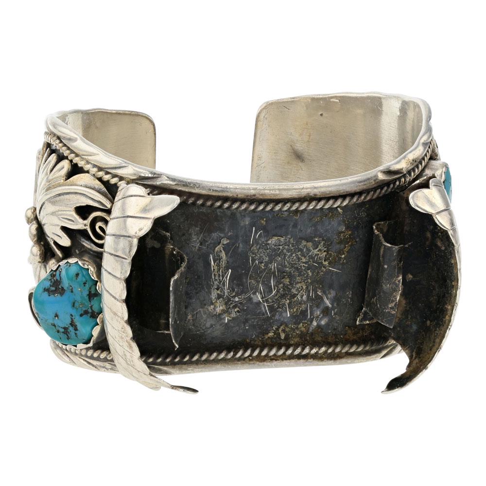 Navajo Turquoise & Coral Leaf-work Watch Cuff Bracelet (1 of 4)