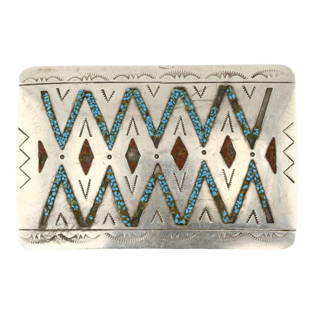 Vintage Turquoise & Coral Chip Inlay Belt Buckle: Sterling Silver | Genuine Turquoise & Coral | Vintage Turquoise & Coral Chip Inlay Belt Buckle | Navajo Native American Southwest Indian Jewelry | Approximate Weight: 30 Grams | Dimensions: Buckle: 3"