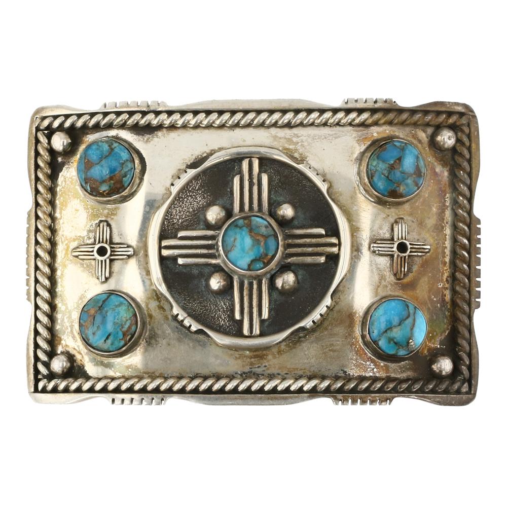 Vintage Navajo Turquoise Zia Symbol Belt Buckle: Sterling Silver | Genuine Turquoise | Vintage Navajo Turquoise Zia Symbol Belt Buckle | Navajo Native American Southwest Indian Jewelry | Approximate Weight: 49 Grams | Dimensions: Buckle: 3" x 2" |