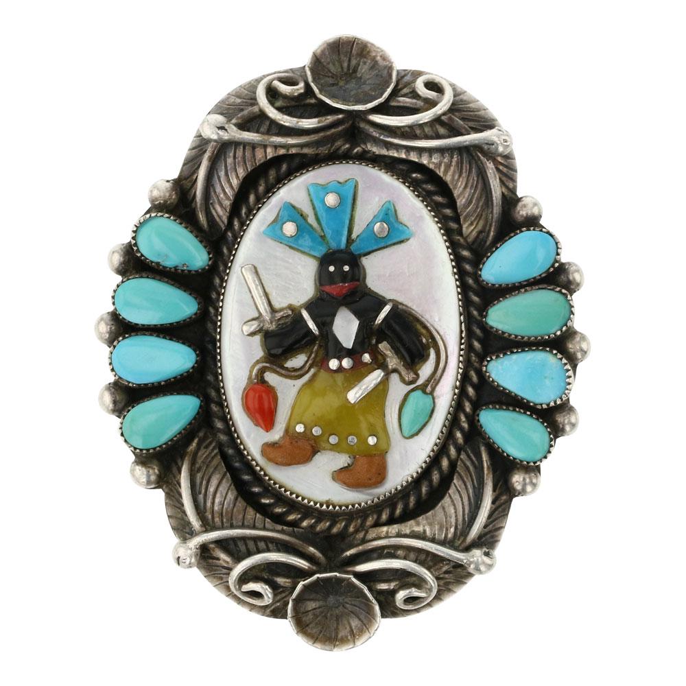 Old Pawn 1970's Zuni Turquoise Coral Acoma Jet & Shell Intricate Knife Dancer Inlay Ring (1 of 3)