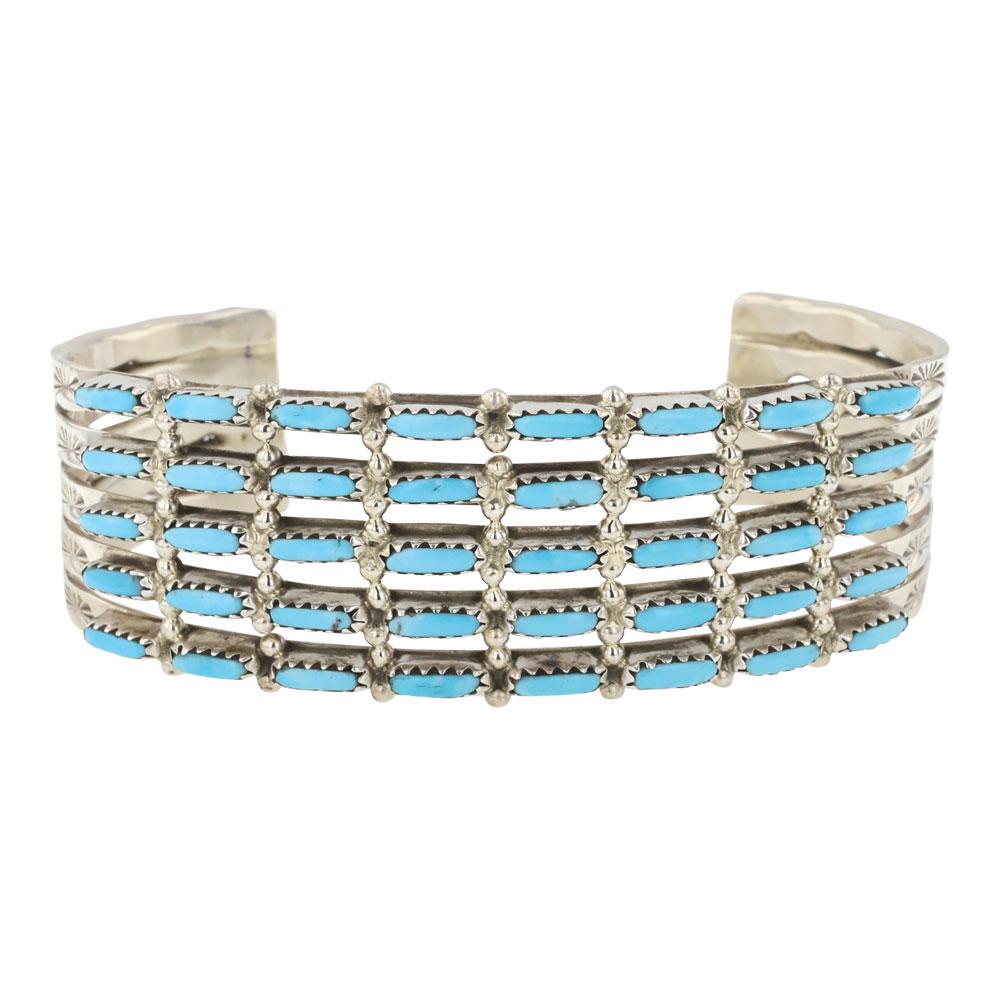 Zuni Sleeping Beauty Turquoise Needlepoint Five Row Cuff Bracelet (1 of 4)