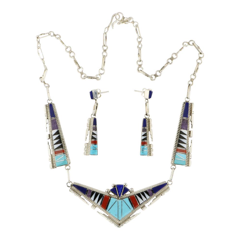 Navajo Turquoise Lapis Coral & Charoite Inlay Necklace & Earrings Set (1 of 3)