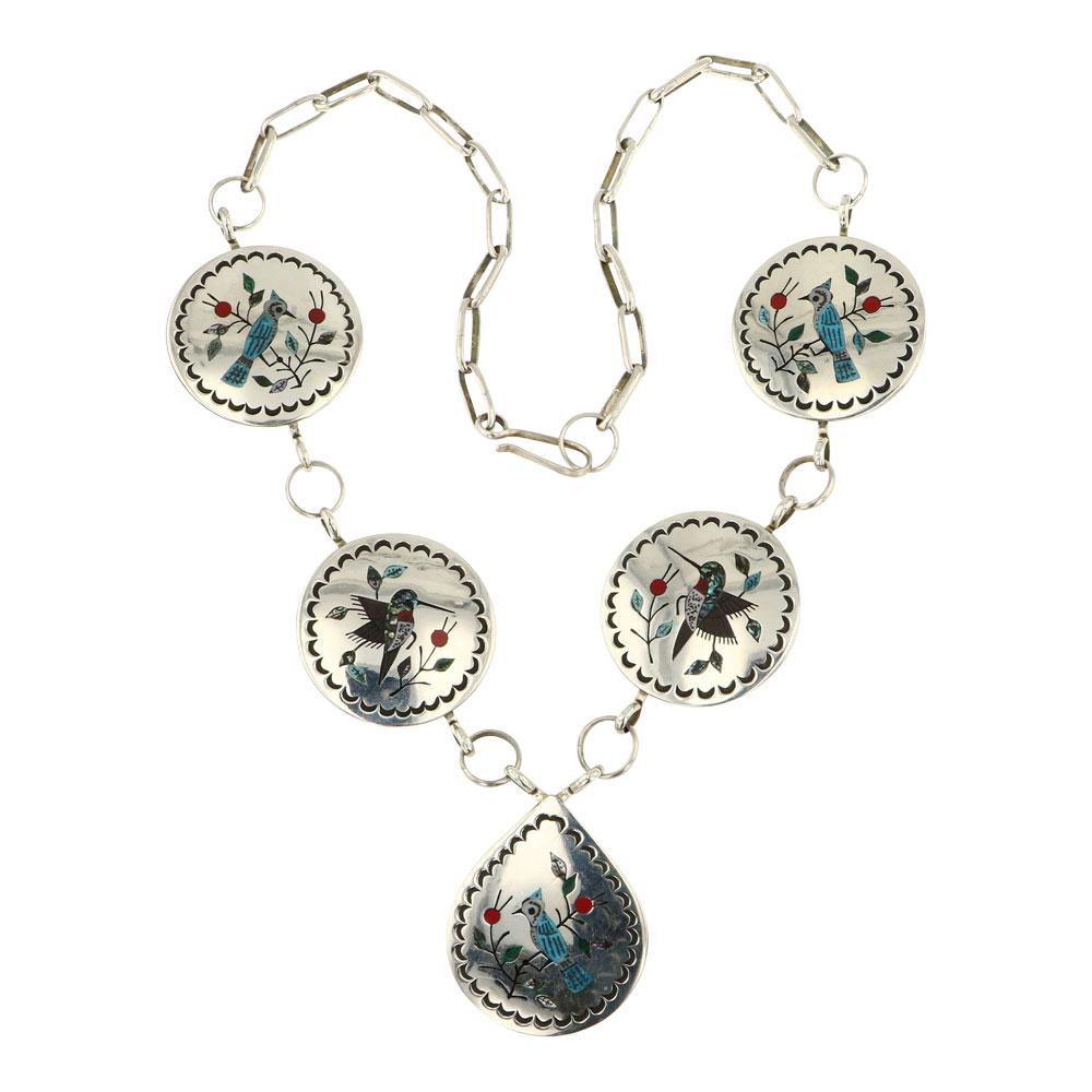 Raymond Boyd Zuni Turquoise Coral & Mother of Pearl Birds Necklace: Sterling Silver | Genuine Turquoise, Coral & Mother of Pearl | Raymond Boyd Zuni Turquoise Coral & Mother of Pearl Birds Necklace | Zuni Native American Southwest Indian Jewelry | Approximate Weight: