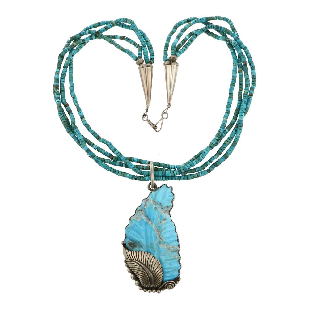 Calvin Martinez Vintage Kingman Turquoise Carved Leaf & Four Strand Heishi Intricate Necklace (1 of 3)