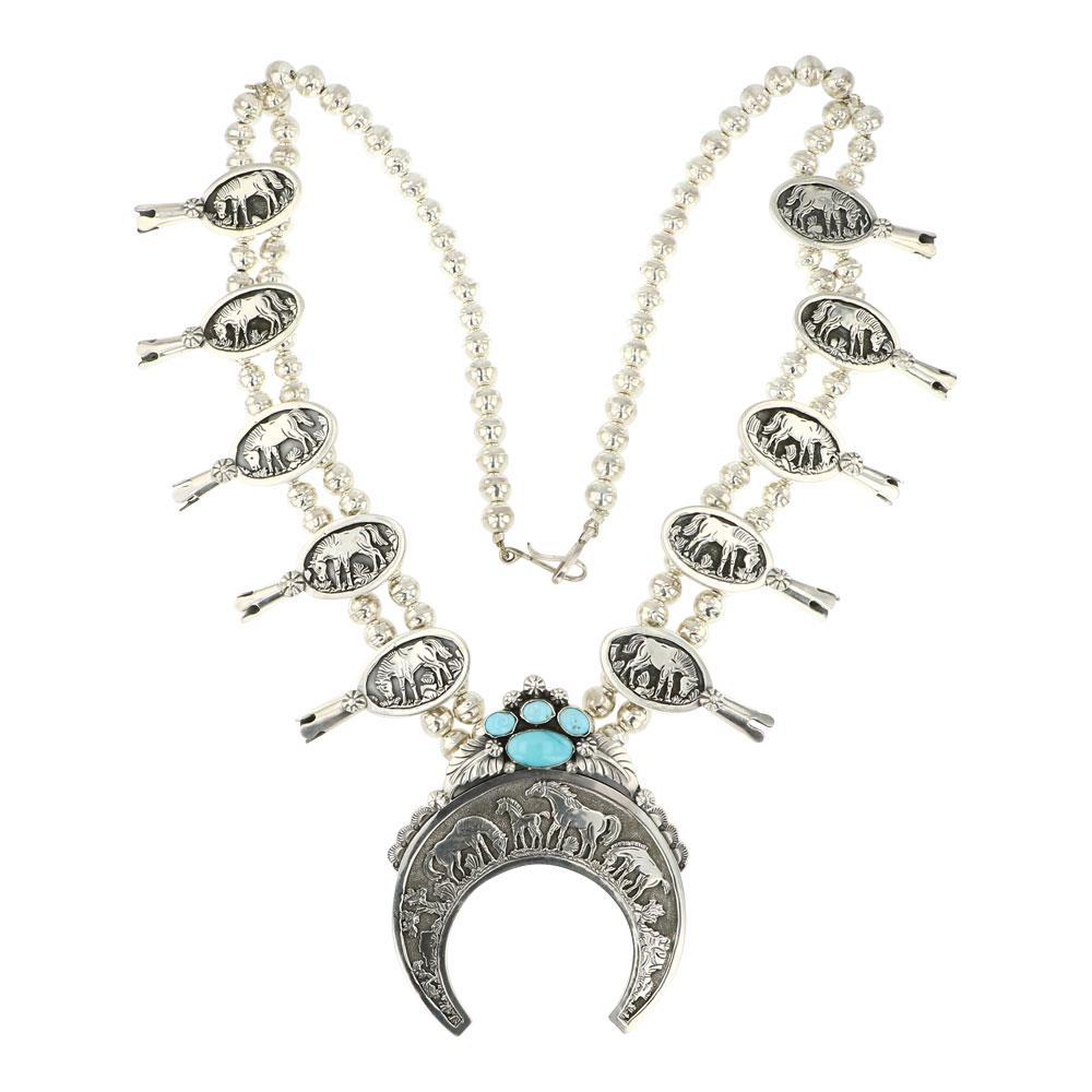 Robin Wood Kingman Turquoise Horses Squash Blossom Necklace: Sterling Silver | Genuine Kingman Turquoise | Robin Wood Kingman Turquoise Horses Squash Blossom Necklace | Navajo Native American Southwest Indian Jewelry | Approximate Weight: 195 Grams | Dimensions