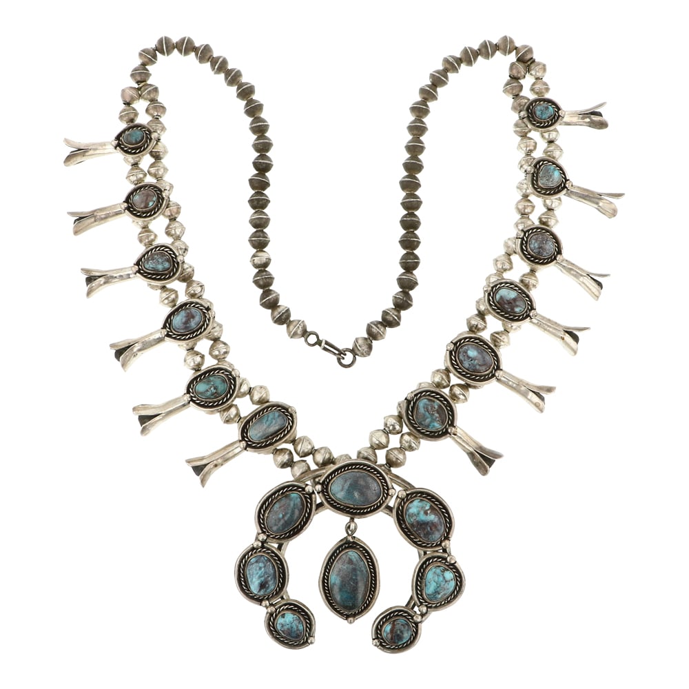 Old Pawn 1980's Smoky Bisbee Turquoise Squash Blossom Necklace: Sterling Silver | Genuine Smoky Bisbee Turquoise | Old Pawn 1980's Smoky Bisbee Turquoise Squash Blossom Necklace | Navajo Native American Southwest Indian Jewelry | Approximate Weight: 156 Grams | Di