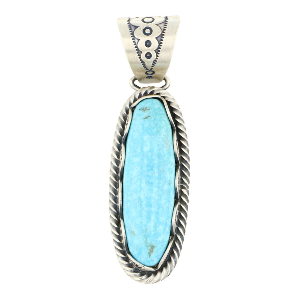 Charles Johnson Kingman Turquoise Stamped Bezel Pendant: Sterling Silver | Genuine Kingman Turquoise | Charles Johnson Kingman Turquoise Stamped Bezel Pendant | Navajo Native American Southwest Indian Jewelry | Approximate Weight: 23 Grams | Dimensions: Pen