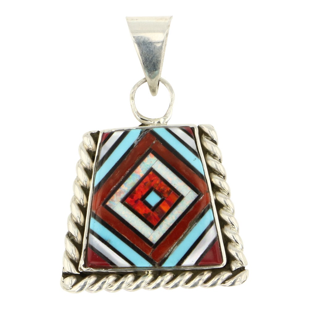 Zuni Turquoise Coral & Mop Inlay Pendant: Sterling Silver | Genuine Turquoise, Coral, Mother of Pearl & Synthetic Opal | Zuni Turquoise Coral & Mop Inlay Pendant | Zuni Native American Southwest Indian Jewelry | Approximate Weight: 7 Grams | 