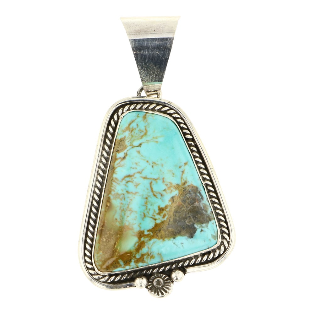 Chris Charley Navajo Nevada Turquoise Freeform Pendant: Sterling Silver | Genuine Nevada Turquoise | Chris Charley Navajo Nevada Turquoise Freeform Pendant | Navajo Native American Southwest Indian Jewelry | Approximate Weight: 16 Grams | Dimensions: Penda