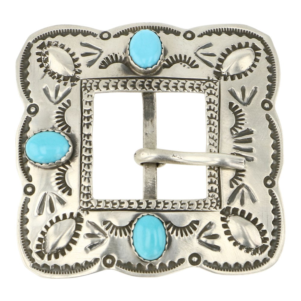 Lorenzo James Kingman Turquoise Blet Buckle: Sterling Silver | Genuine Kingman Turquoise | Lorenzo James Kingman Turquoise Blet Buckle | Navajo Native American Southwest Indian Jewelry | Approximate Weight: 15 Grams | Dimensions: Buckle: 1.75" x
