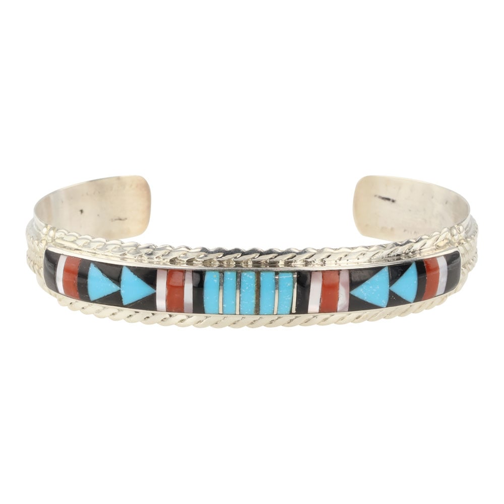 Zuni Turquoise Coral Mussel Shell & Acoma Jet Inlay Cuff Bracelet (1 of 5)