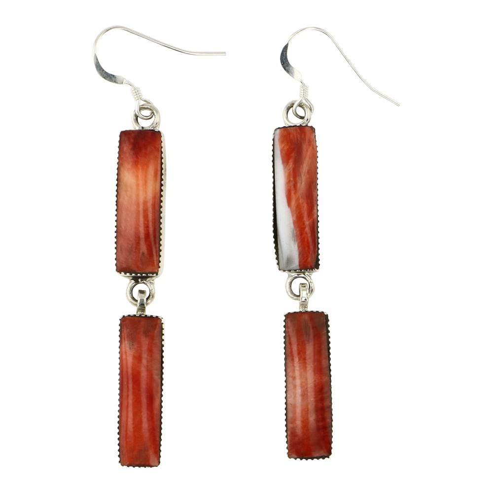 RB Navajo Spiny Oyster Earrings: Sterling Silver | Genuine Spiny Oyster | RB Navajo Spiny Oyster Earrings | Navajo Native American Southwest Indian Jewelry | Approximate Weight: 8 Grams | Dimensions: Earrings: .25" x 2.5" (each) | Si