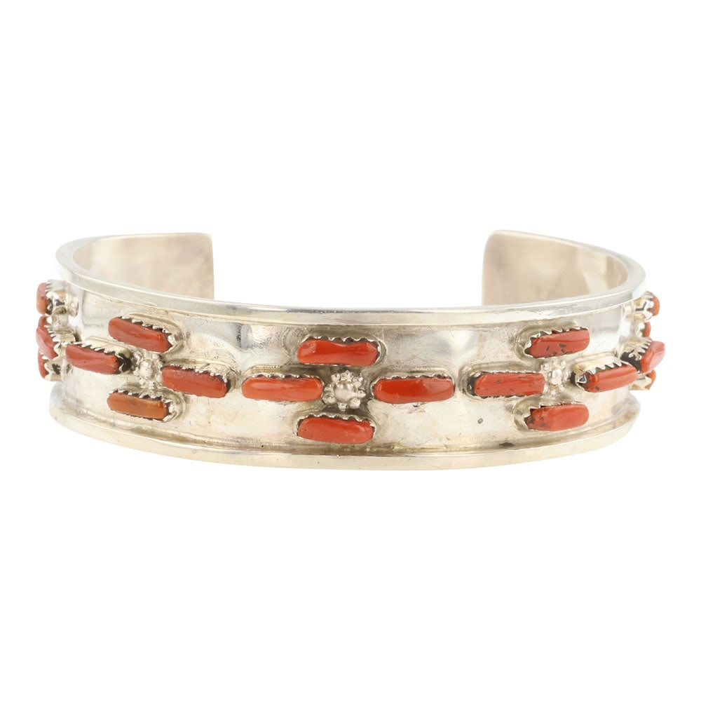 Griffin & Vangie Tsabetsye Zuni Mediterranean Coral Cuff Bracelet: Sterling Silver | Genuine Mediterranean Coral | Griffin & Vangie Tsabetsye Zuni Mediterranean Coral Cuff Bracelet | Zuni Native American Southwest Indian Jewelry | Approximate Weight: 18 Grams | Dimen