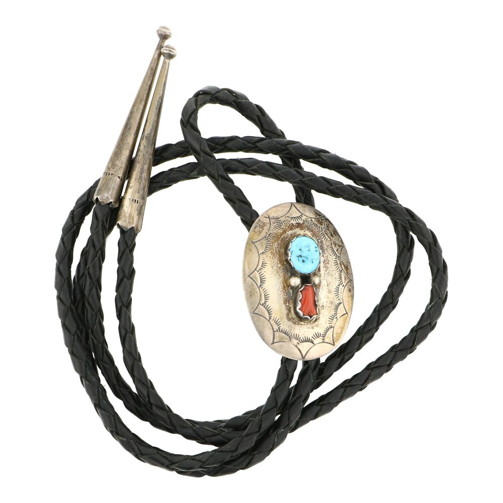 Vintage Navajo Turquoise & Coral Bolo Tie: Sterling Silver | Genuine Turquoise & Coral | Vintage Navajo Turquoise & Coral Bolo Tie | Navajo Native American Southwest Indian Jewelry | Approximate Weight: 20 Grams | Dimensions: Bolo Tie: 19" len