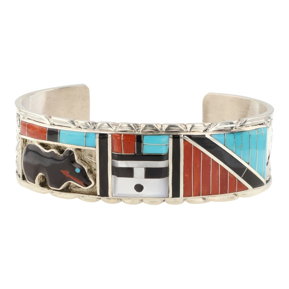 Don Dewa Zuni Turquoise Coral Acoma Jet & Mother of Peral Inlay Cuff Bracelet (1 of 4)