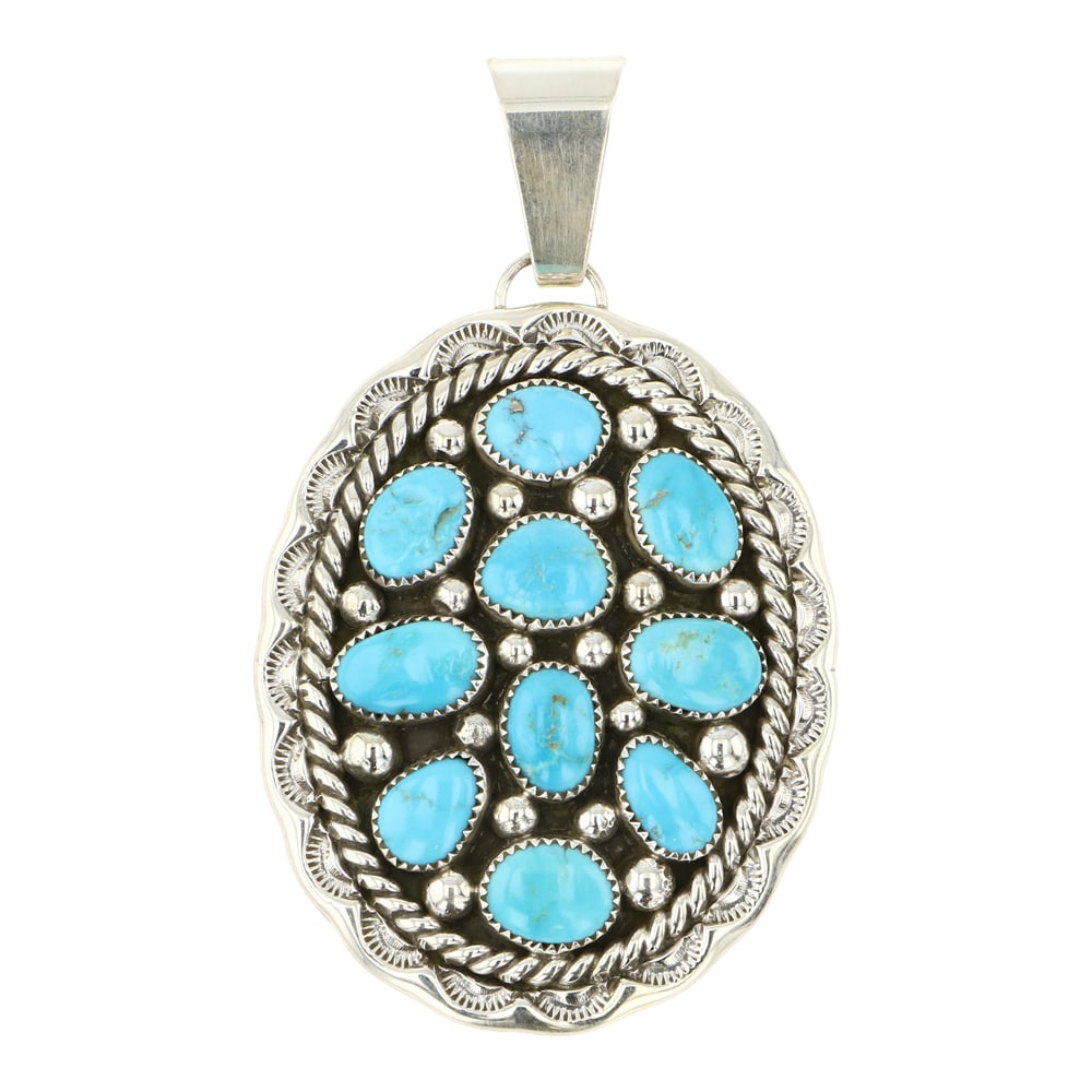 Chris Charley Kingman Turquoise Pendant: Sterling Silver | Genuine Kingman Turquoise | Chris Charley Kingman Turquoise Pendant | Navajo Native American Southwest Indian Jewelry | Approximate Weight: 30 Grams | Dimensions: Pendant: 1.75" x 3"